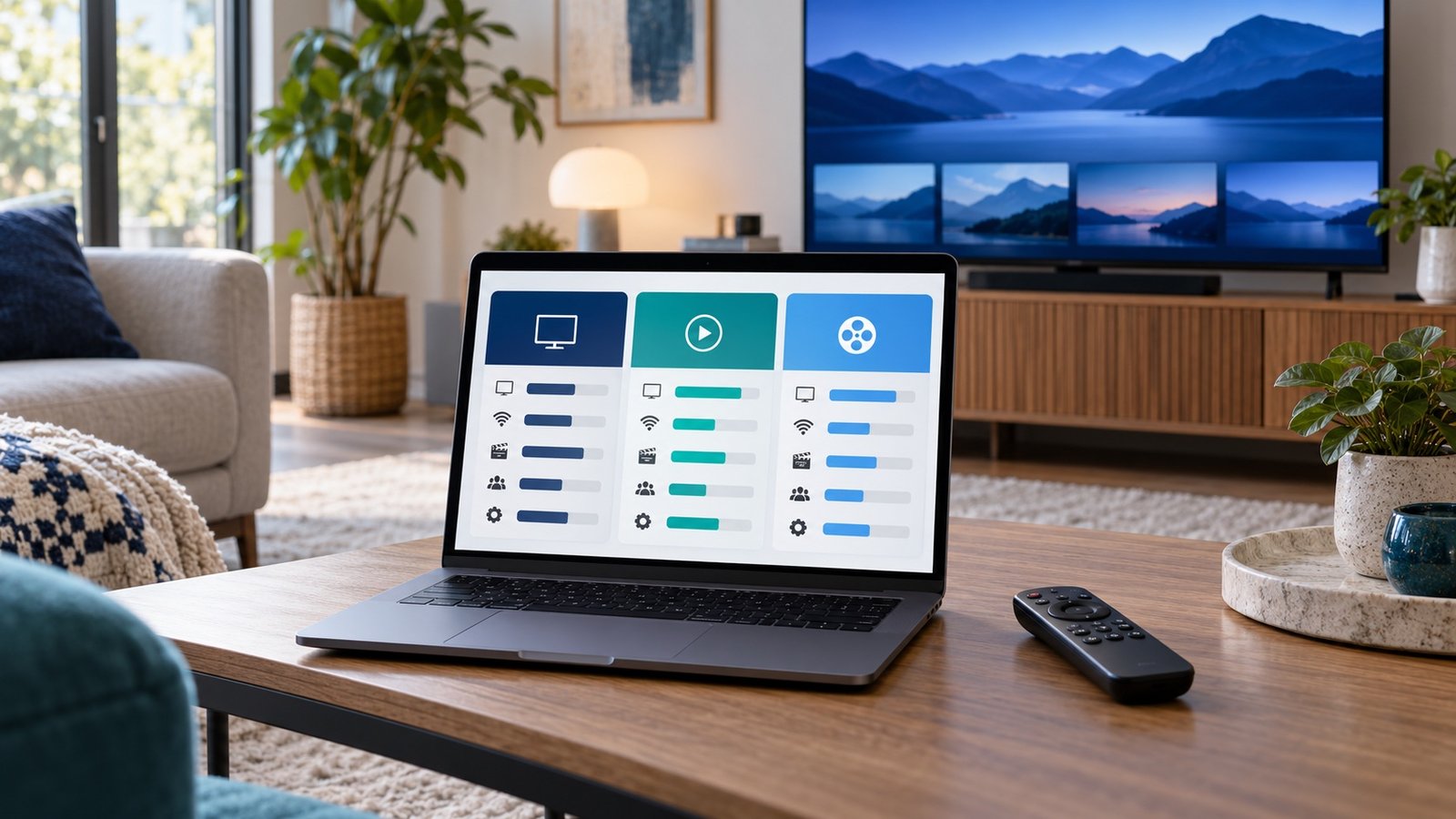 Ordinateur portable affichant une grille de comparaison générique, avec télévision et télécommande dans un salon