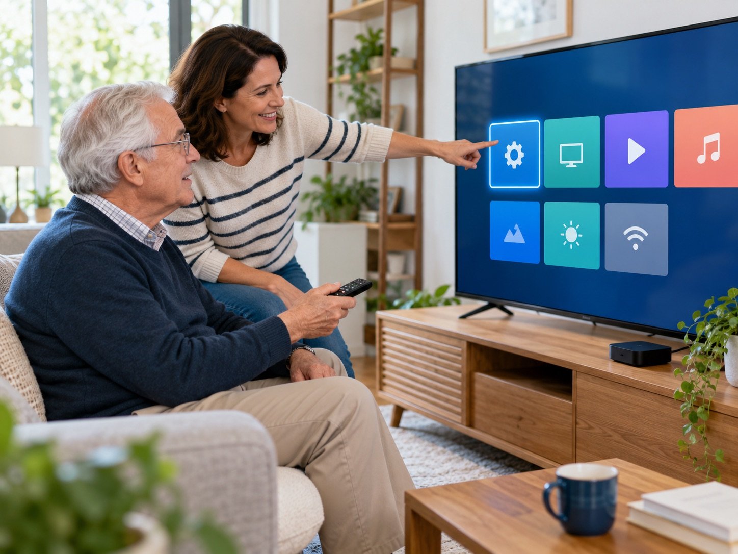 Un proche accompagne une personne âgée dans la découverte des réglages d’une télévision connectée